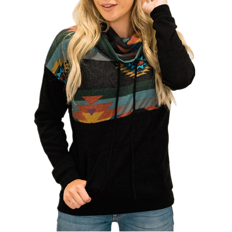 Loose Printed High Neck Hooded Sweater