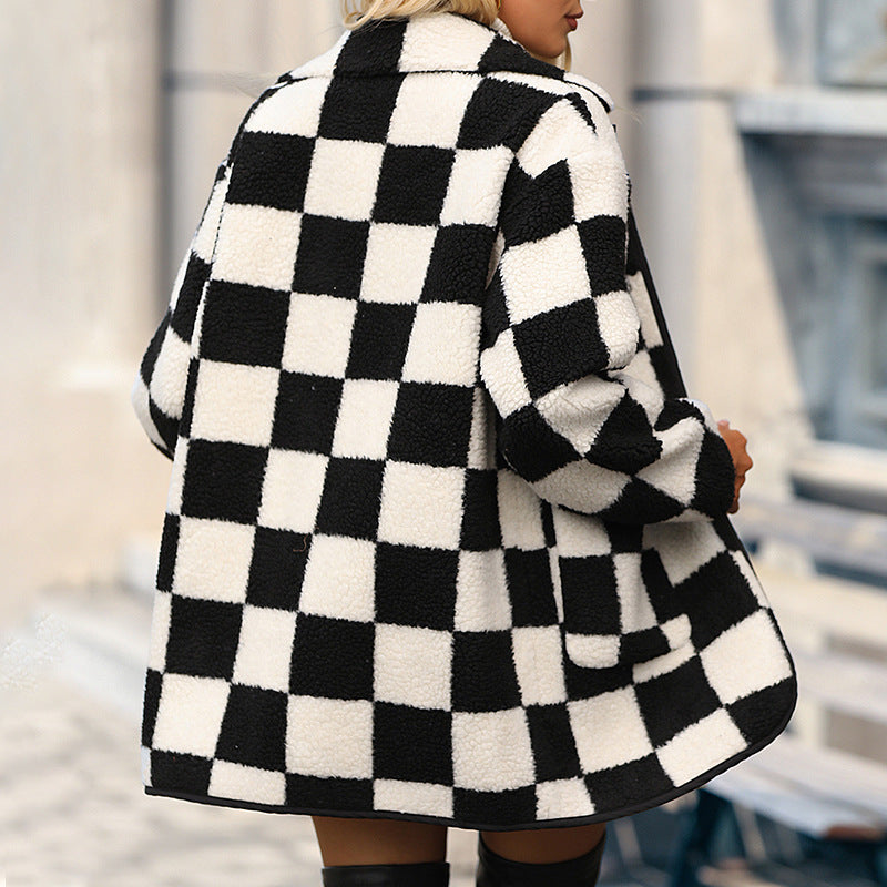 Mid-Length Chessboard Plaid Coat