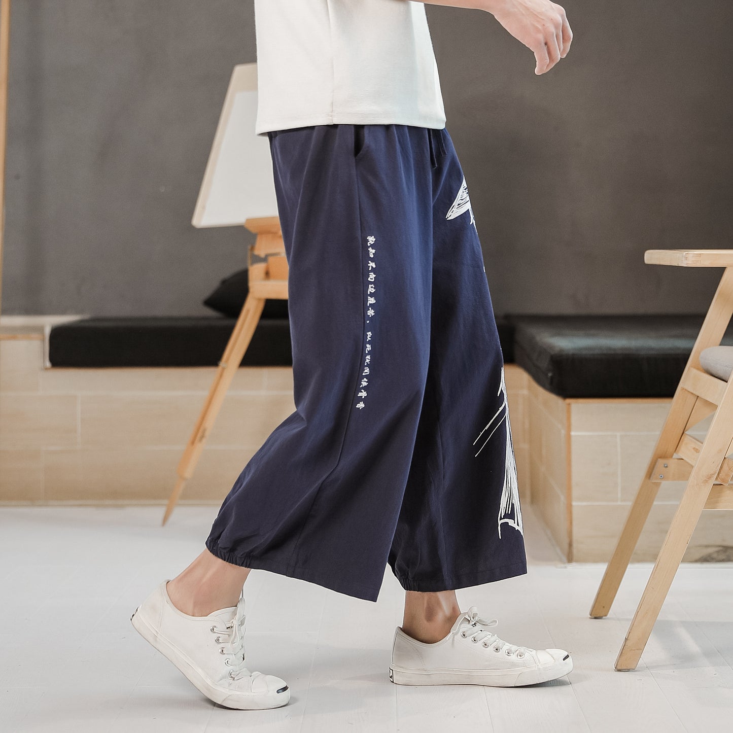 Chinese Style Printed Cotton And Linen Cropped Trousers