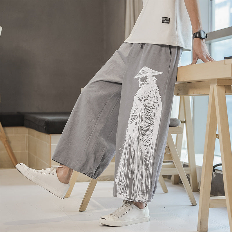 Chinese Style Printed Cotton And Linen Cropped Trousers