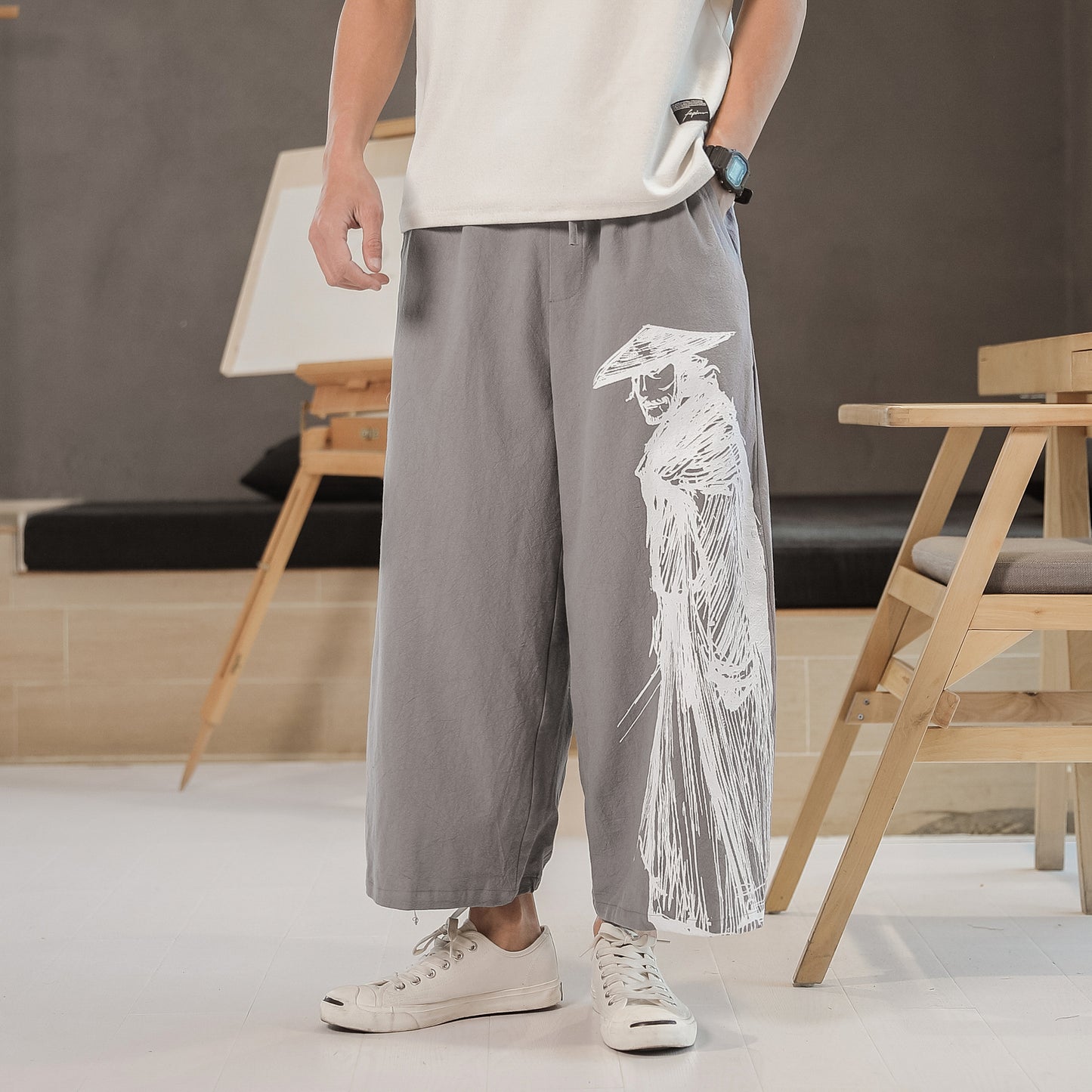 Chinese Style Printed Cotton And Linen Cropped Trousers