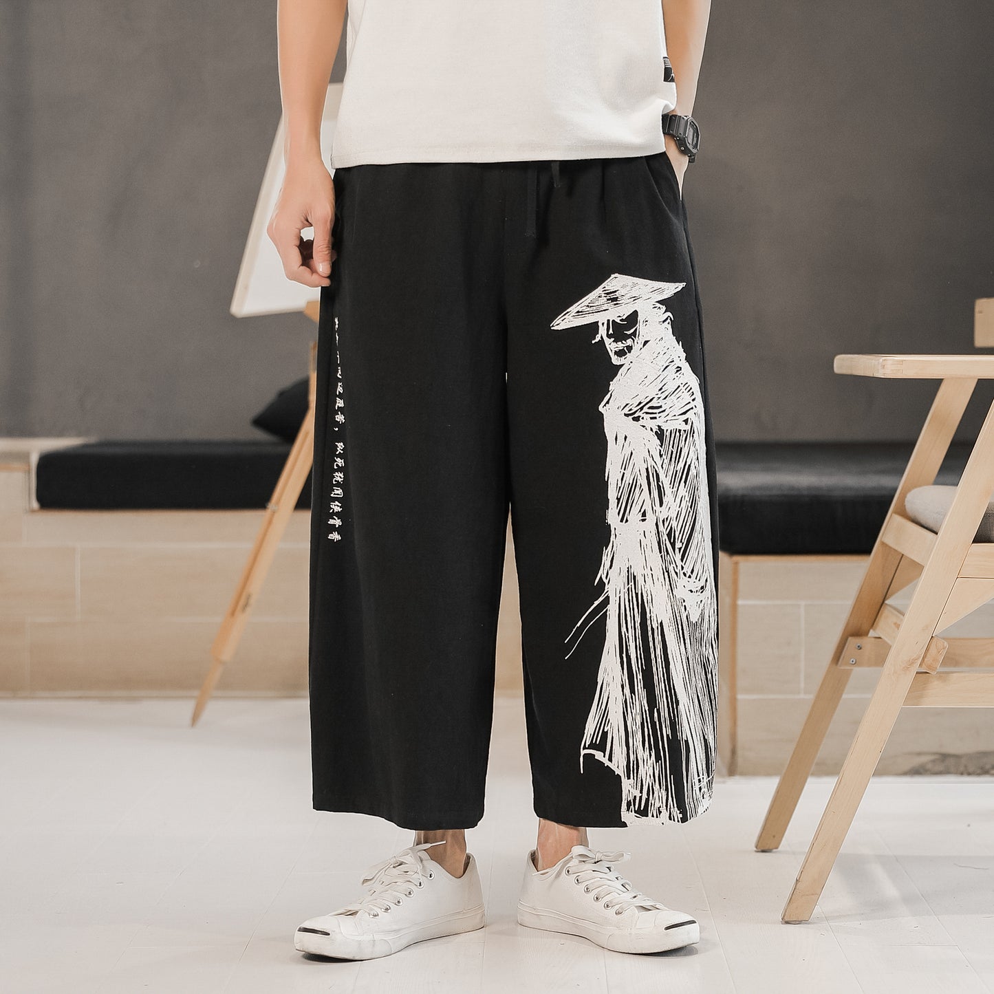 Chinese Style Printed Cotton And Linen Cropped Trousers