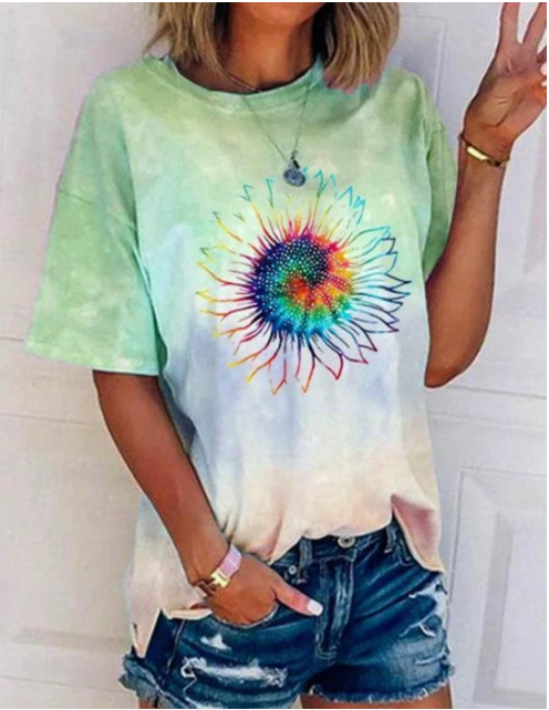 Casual Loose Tie-dye Multicolor Printed Short Sleeves