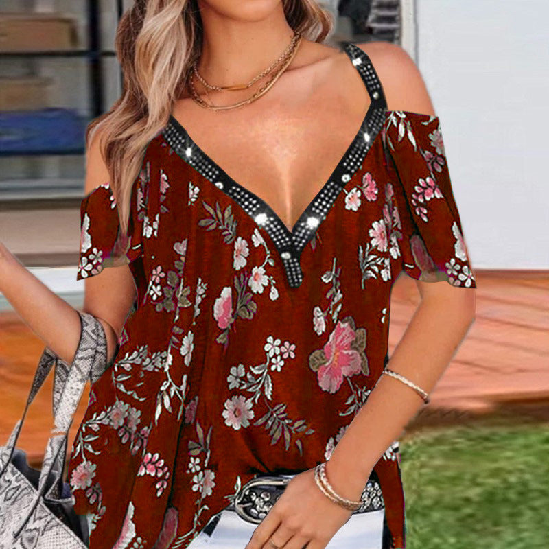 V-Neck Printed Off-The-Shoulder Short-Sleeved Top