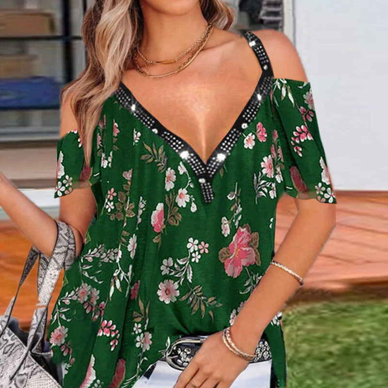 V-Neck Printed Off-The-Shoulder Short-Sleeved Top