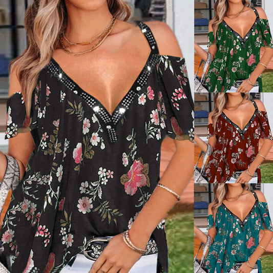 Summer V-Neck Printed Off-The-Shoulder Short-Sleeved Top