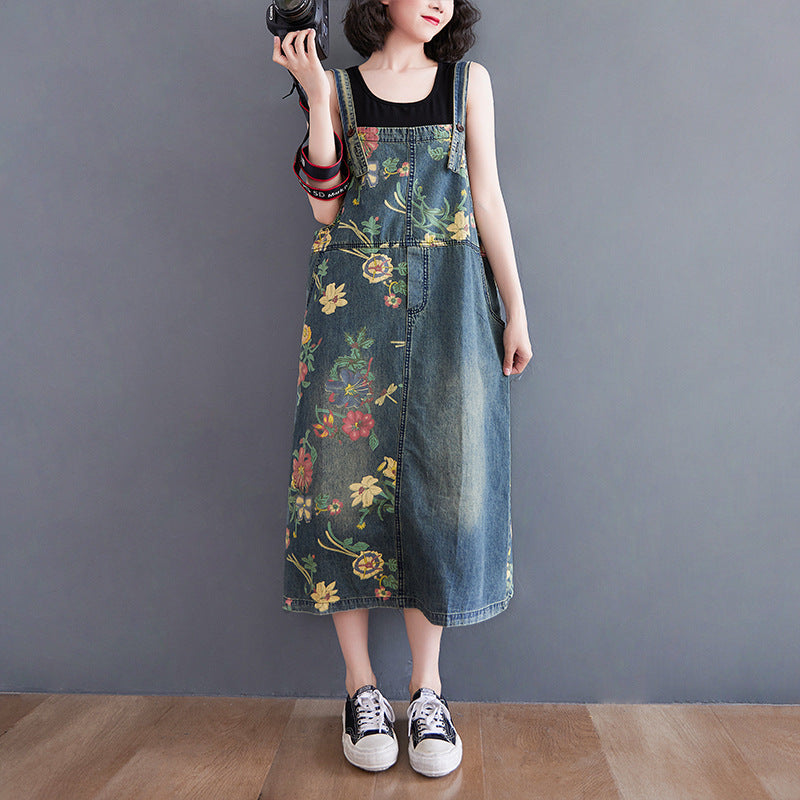 Women's Plus Size Retro Age-reducing Denim Print Suspender Skirt