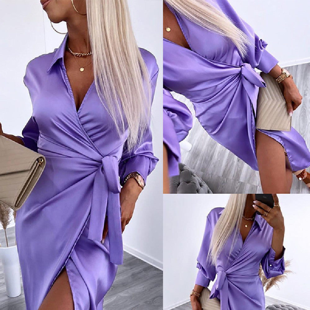 European And American Satin Waist Shirt Dress