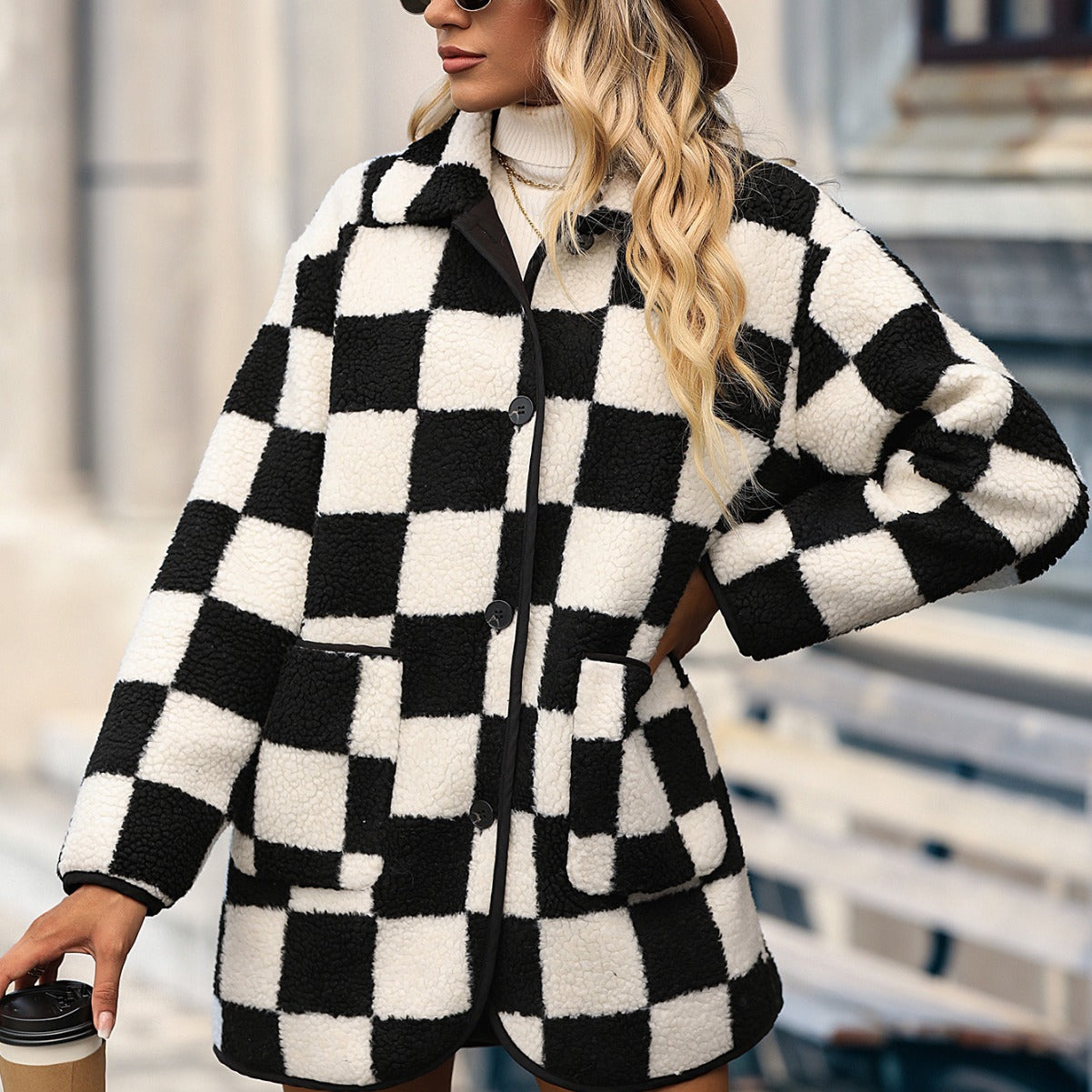 Mid-Length Chessboard Plaid Coat