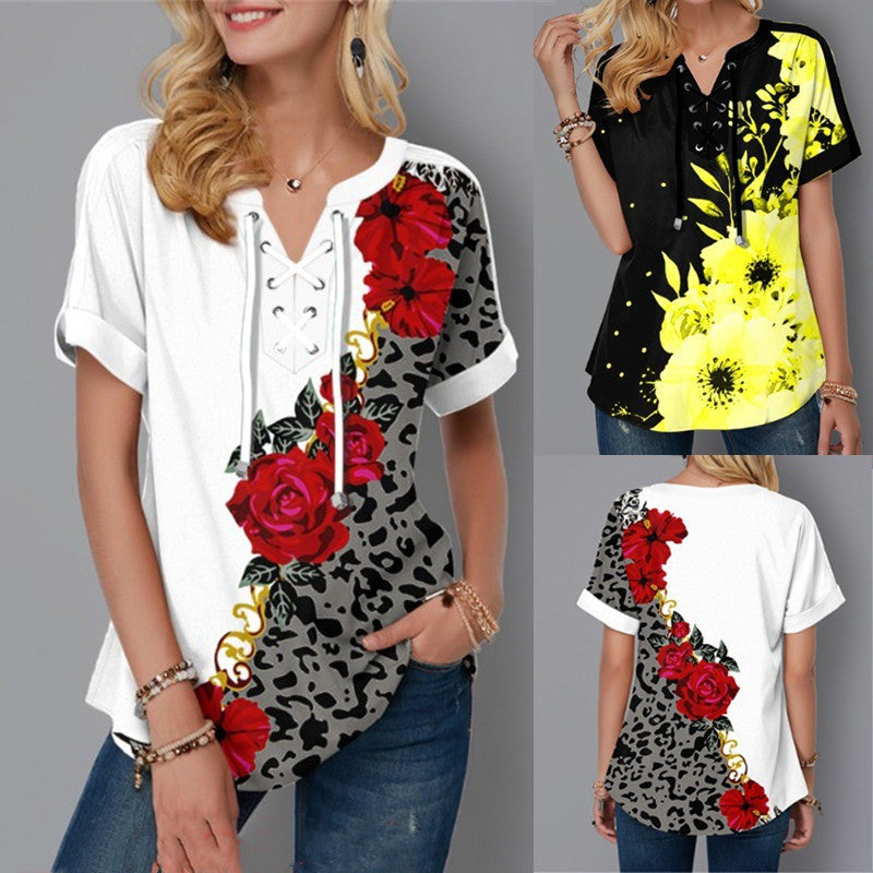 Lace-Up Short-Sleeved Loose Top