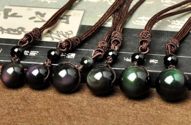 Natural Obsidian Rainbow Eye Transfer Good Luck Bead Pendant Necklace Polyester Rope Chain Necklace Jewelry For Woman