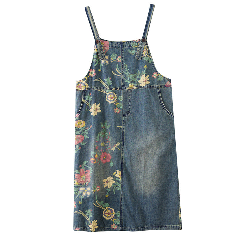 Women's Plus Size Retro Age-reducing Denim Print Suspender Skirt