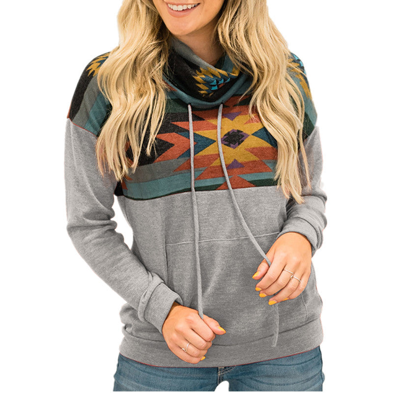 Loose Printed High Neck Hooded Sweater