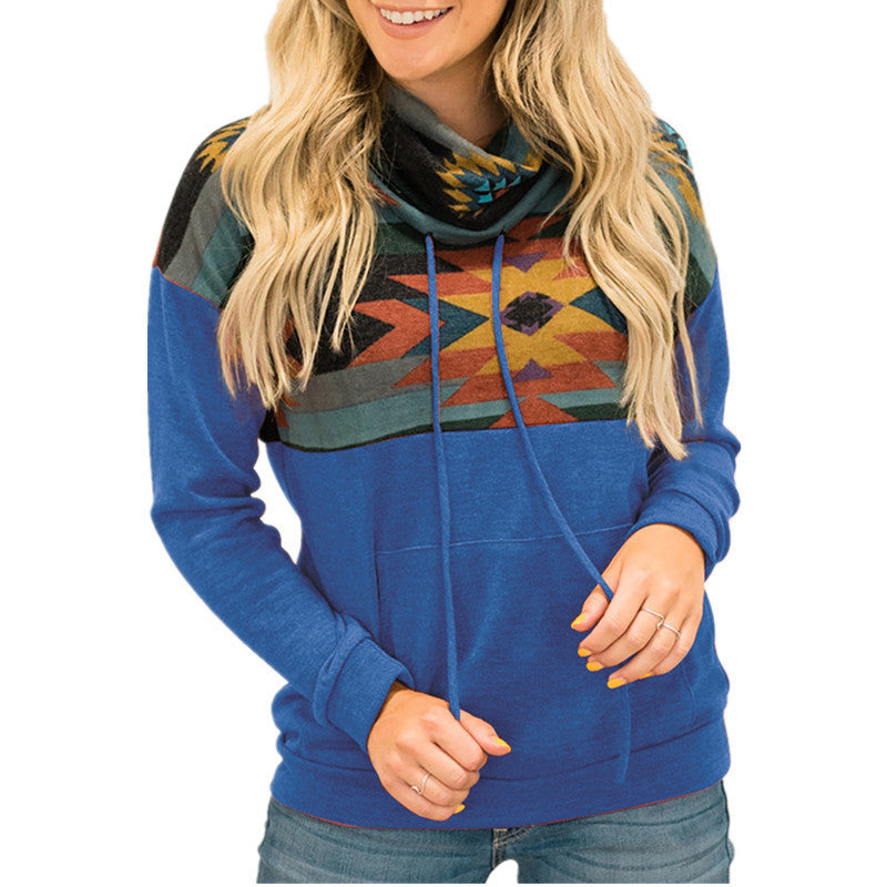 Loose Printed High Neck Hooded Sweater