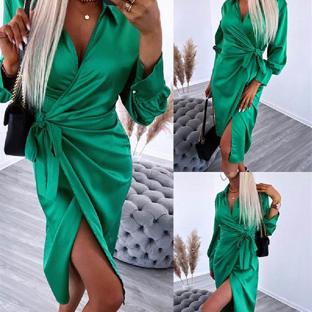 European And American Satin Waist Shirt Dress