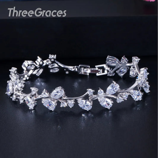 ThreeGraces Romantic Silver Color Leaf and Flower Shape Shiny White Cubic Zirconia Bridal Wedding Bracelets Jewelry Gift BR031