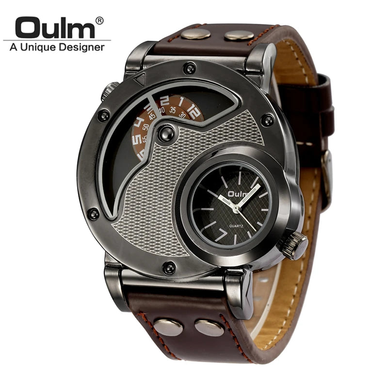 Oulm, relojes de lujo de marca de diseñador para hombre, reloj de cuarzo con doble horario, reloj informal de cuero para hombre, reloj deportivo para hombre, reloj masculino