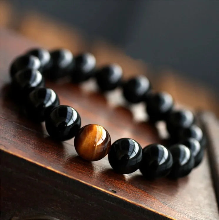 Ónix negro Natural con cuentas de piedra de ojo de tigre, pulsera de joyería para hombres, pulsera de equilibrio energético para amantes de 12 constelaciones Leo