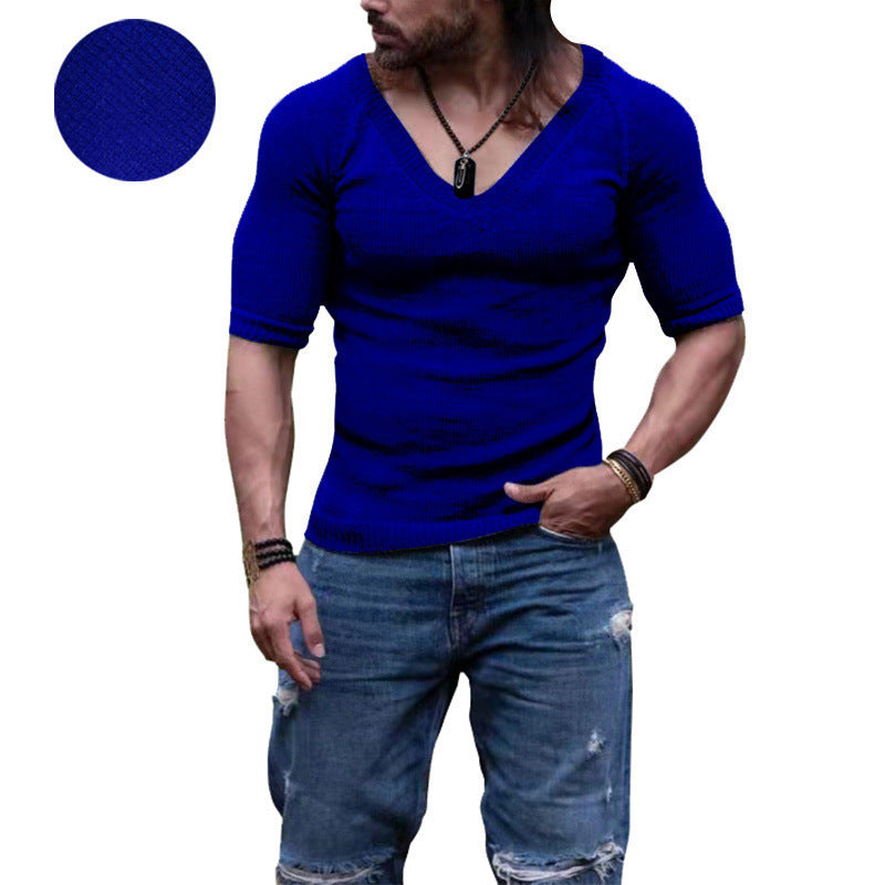 V-Neck Solid Color Thin Short Sleeve