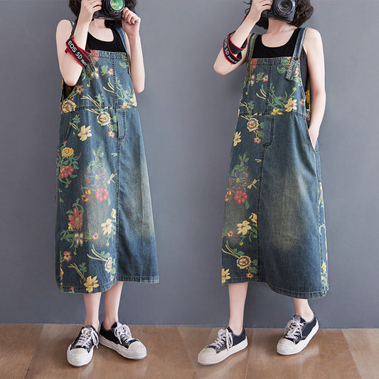 Women's Plus Size Retro Age-reducing Denim Print Suspender Skirt