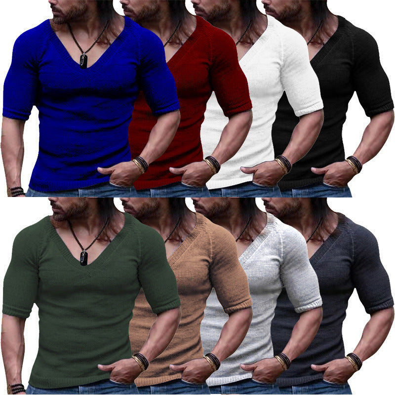 V-Neck Solid Color Thin Short Sleeve