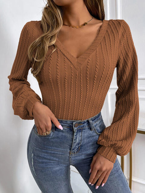 Ribbed V-Neck Lantern Sleeve Top