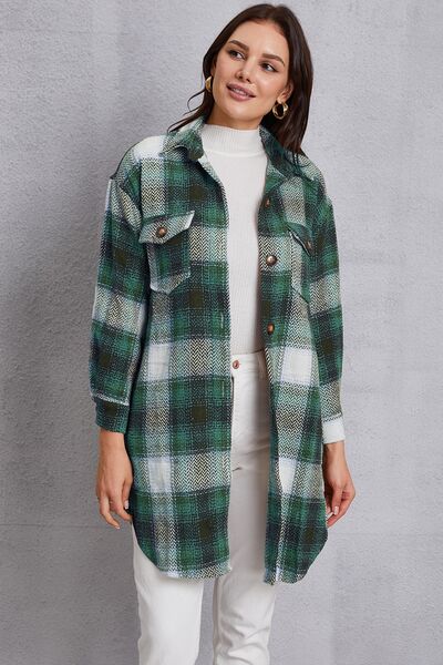 Plaid Button Up Dropped Shoulder Coat with Pockets