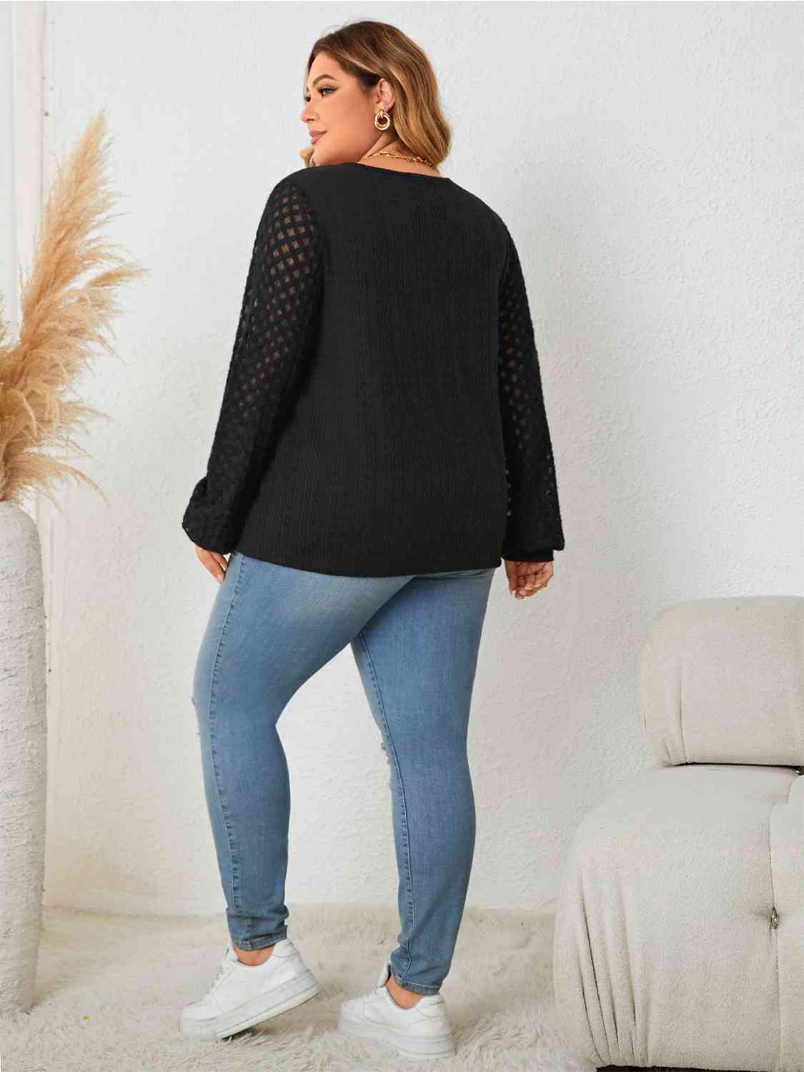 Plus Size Openwork Notched Button Front Blouse