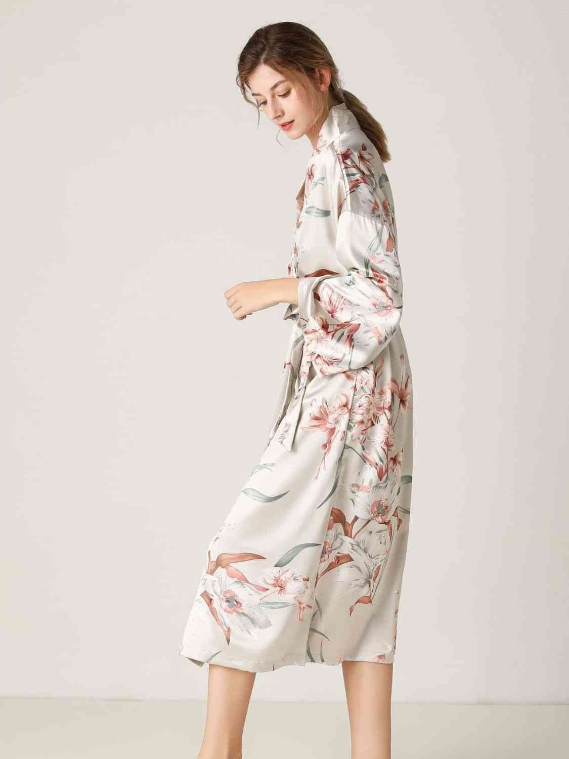 Floral Tie Waist Long Sleeve Robe