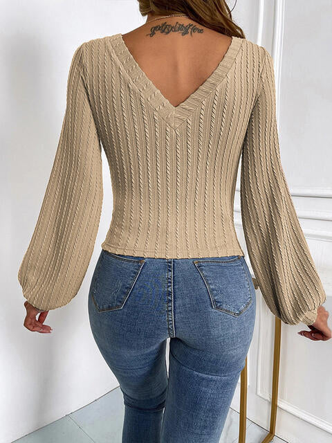 Ribbed V-Neck Lantern Sleeve Top