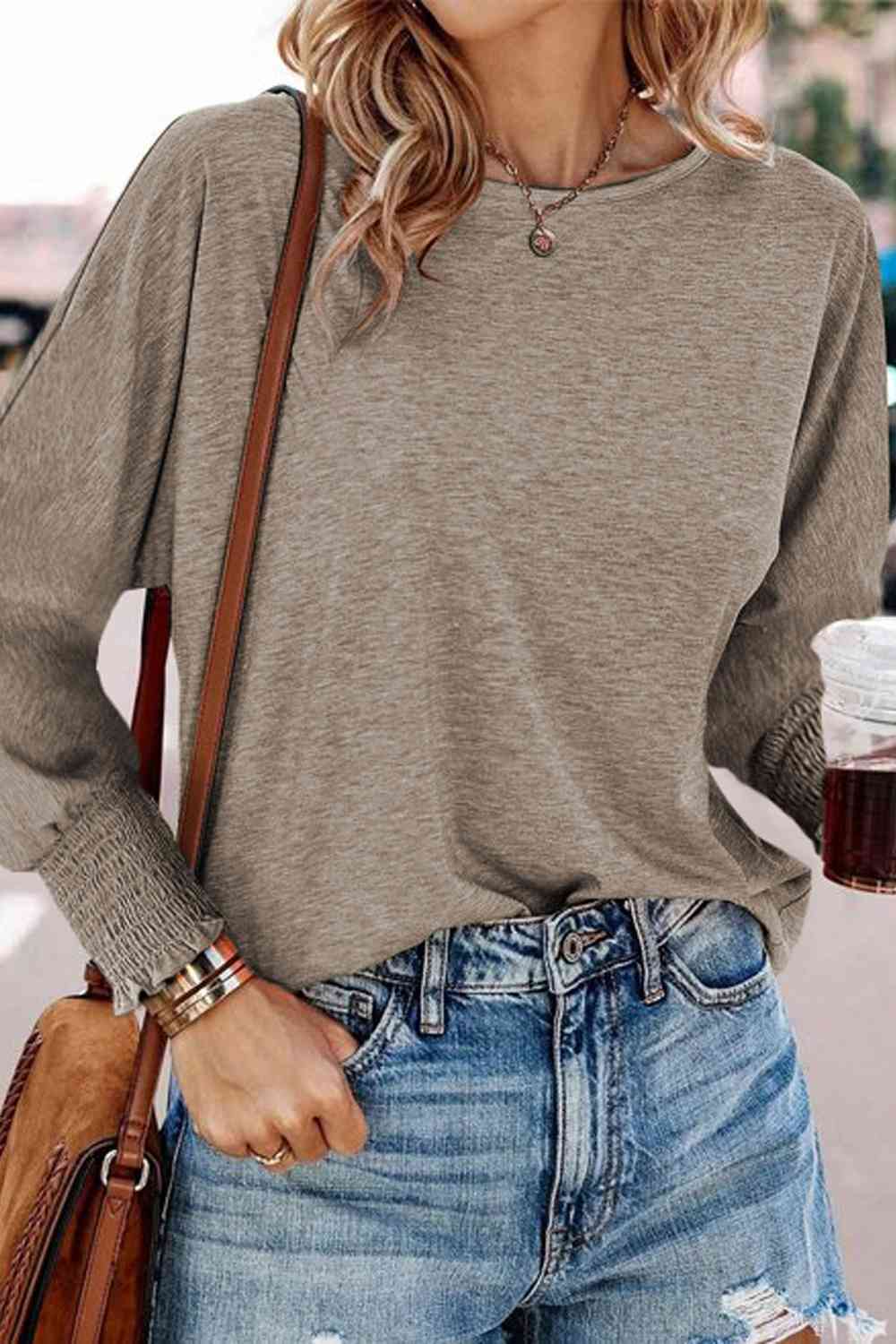 Round Neck Smocked Long Sleeve Blouse