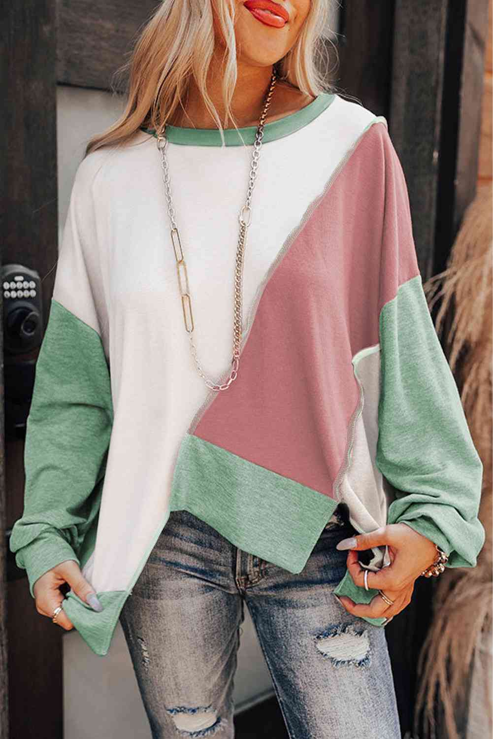 Color Block Exposed Seam Asymmetrical Sweatshirt