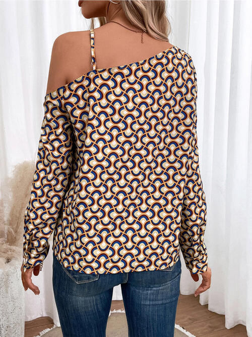 Printed Asymmetrical Neck Long Sleeve Top