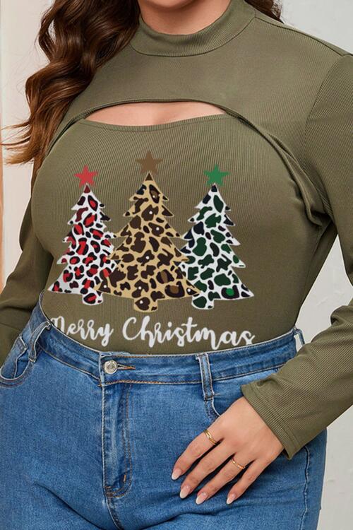 Plus Size Christmas Tree Graphic Cutout Round Neck Long Sleeve Blouse