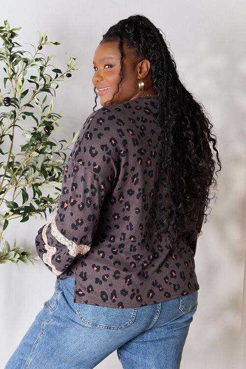 Jade By Jane Full Size Leopard Lace Detail Blouse