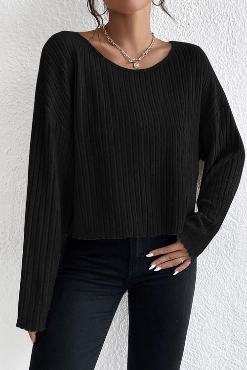 Ribbed Round Neck Drop Shoulder Long Sleeve Top