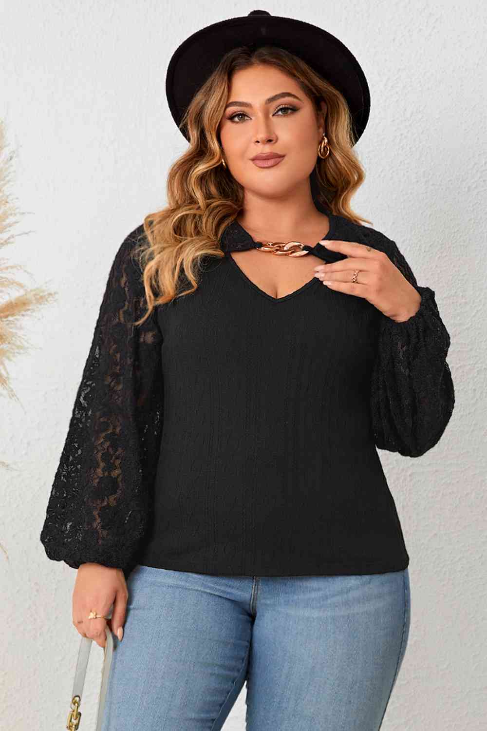 Plus Size Cutout Front Lace Sleeve Blouse