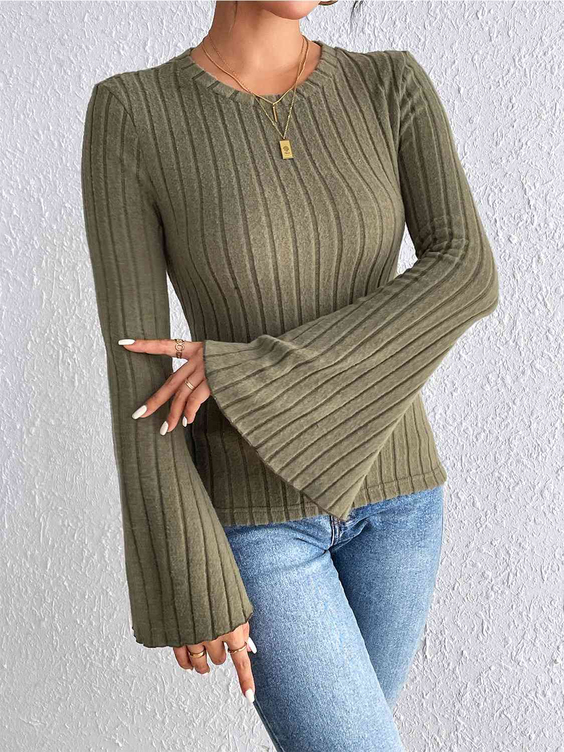 Ribbed Round Neck Flare Sleeve Top