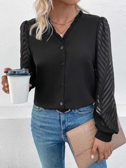 Mesh V-Neck Button Front Blouse