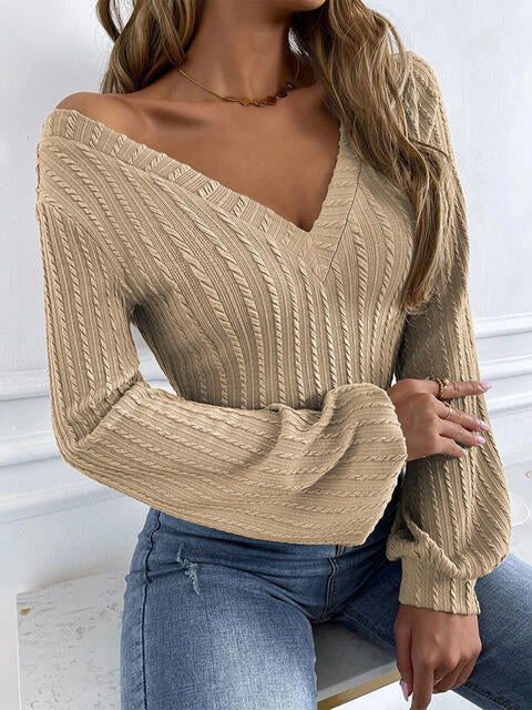 Ribbed V-Neck Lantern Sleeve Top