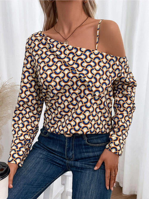 Printed Asymmetrical Neck Long Sleeve Top