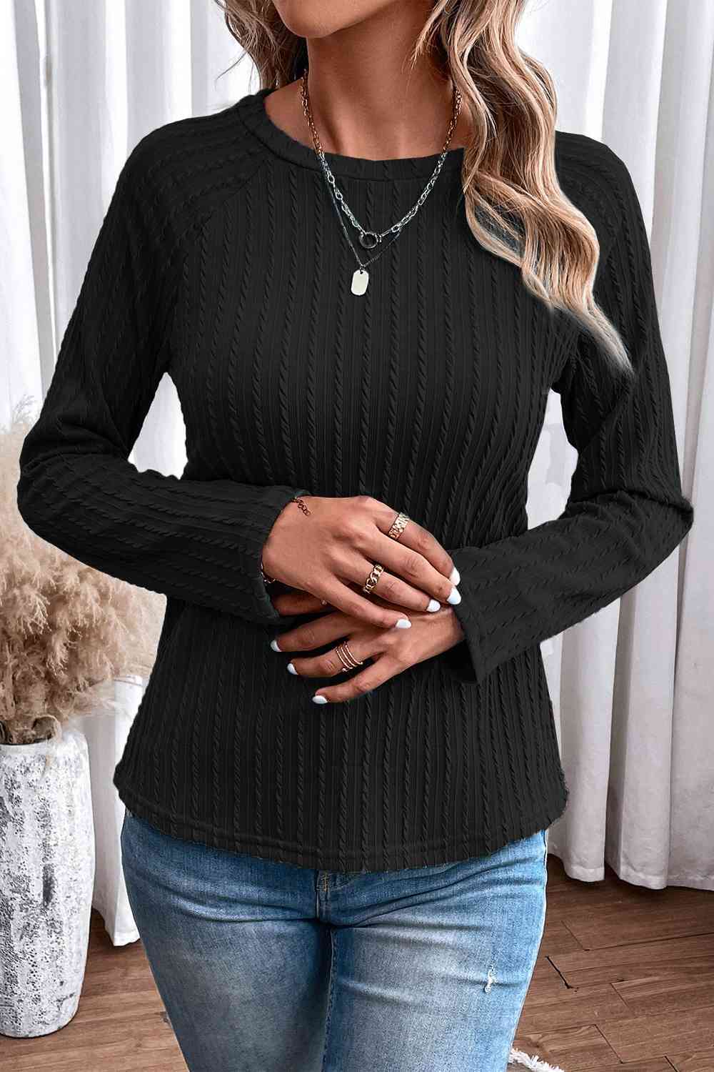 Ribbed Round Neck Knit Long Sleeve Top