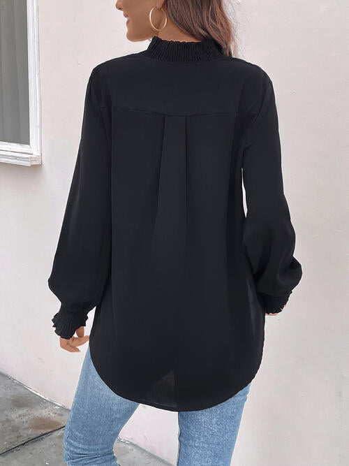 Smocked Notched Long Sleeve Blouse