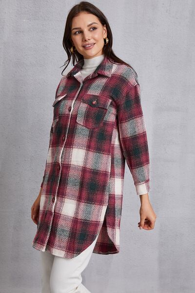 Plaid Button Up Dropped Shoulder Coat with Pockets