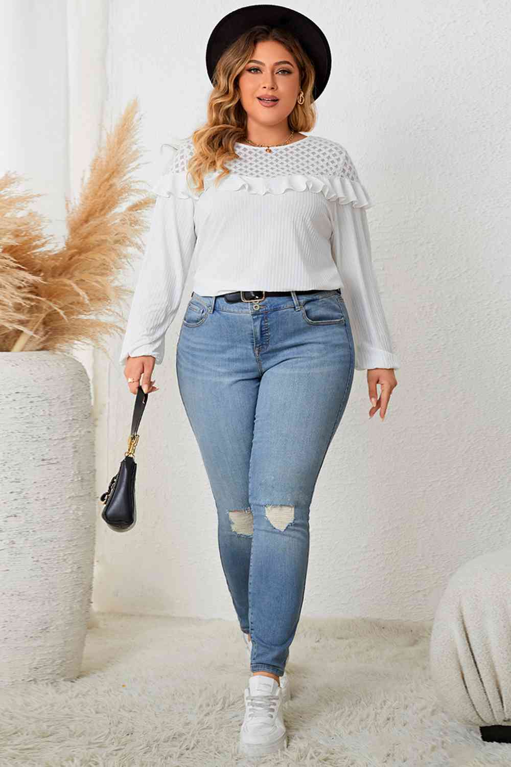 Plus Size Ruffled Round Neck Long Sleeve Blouse