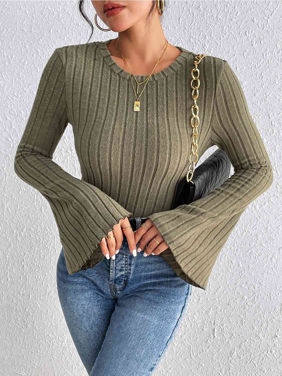 Ribbed Round Neck Flare Sleeve Top