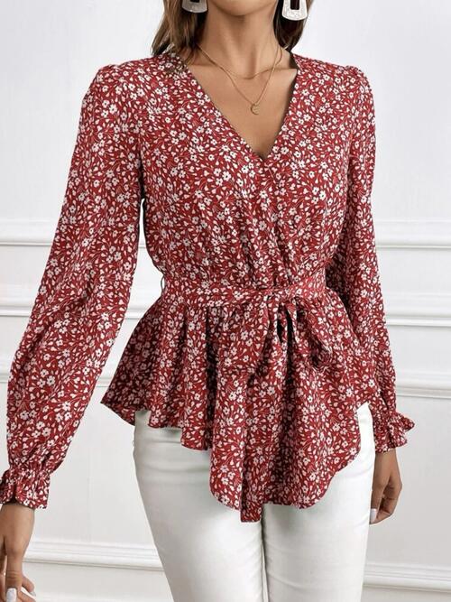 Printed V-Neck Tie Front Flounce Sleeve Blouse