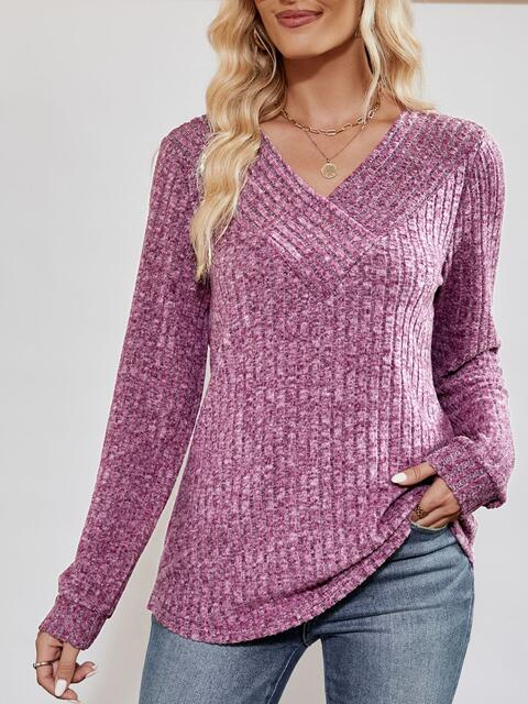 V-Neck Ribbed Long Sleeve Top