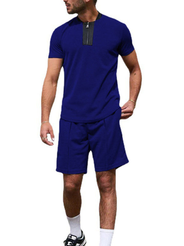 Camiseta con cremallera y cuello en V tipo gofre de color en contraste para hombre + traje informal con pantalones cortos 