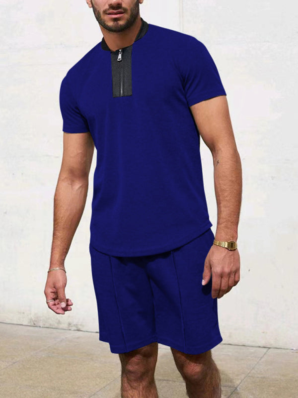 Camiseta con cremallera y cuello en V tipo gofre de color en contraste para hombre + traje informal con pantalones cortos 